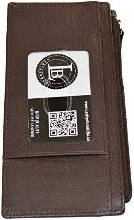 Leatherboss Genuine Leather feminino tudo em uma carteira de cartão de crédito Slim Zipper Wallet com uma pulseira de proteção