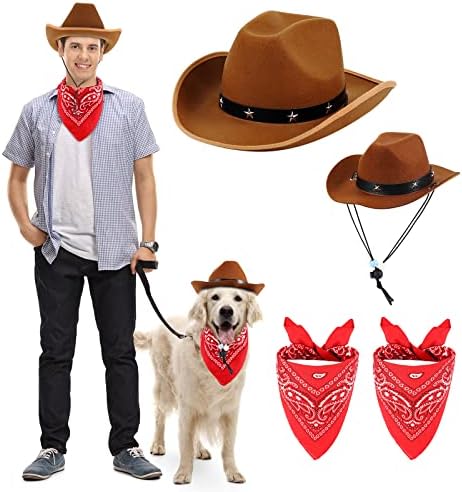 4 PCS Acessórios para fantasias de cowboy de estimação para adultos e pet 2 chapéu de cowboy ocidental marrom e 2 redes de cowboys