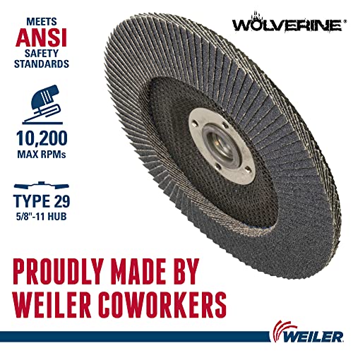 Weiler 31451 Wolverine 6 x 5/8 -11 Unc Nut Abrasive Flap Disc, 40 Grit Zirconia Aluminina, Bvel tipo 29, apoio fenólico, densidade