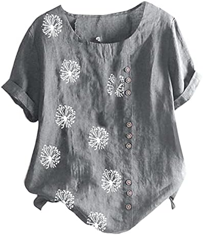 Camiseta de linho de algodão plus size para mulheres 2023 botão para baixo blusa de manga curta Crew colam de túnica básica de
