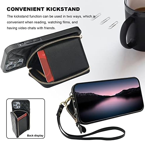 Caixa de carteira bocasal de crossbody para iPhone 14 Pro, RFID bloqueando a capa de bolsa de bolsa de couro com zíper