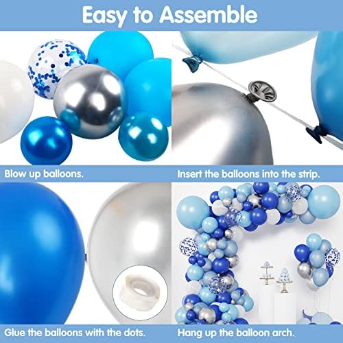 Rubfac 130pcs Balões azuis Kit de arco de guirlanda, azul royal e baby azuis brancos cromados arco de balões para o chuveiro