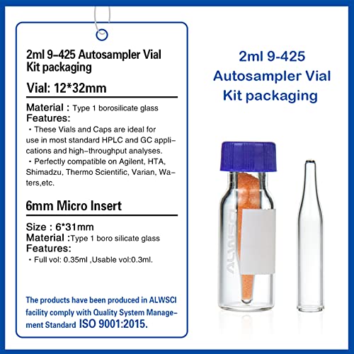 ALWSCI 2ML 9mm HPLC frasco de amostramento automático de amostrador automático, tampa de parafuso azul 9-425 com orifício,