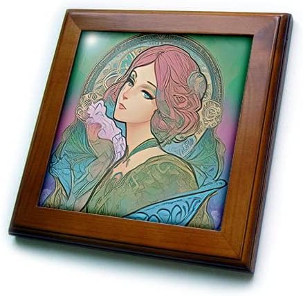 3drose Art Nouveau Mulher. Linda senhora em cores verde, azul e rosa. - ladrilhos emoldurados