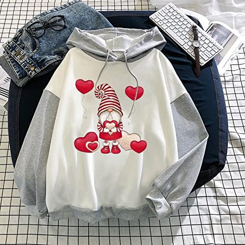 Moda feminina Cute Sweetshirt Gnomos Cartoon Padrão Love Heart Print Papuzes de grandes dimensões camisetas de capuz solto solto
