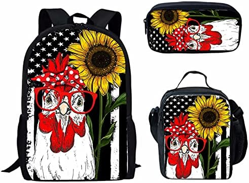 Eleqin Coke Chicken American Flag American Gunflower Art Design Laptop Mackpack para adolescentes Girls 3pcs/Set School Bookbag Rucksack
