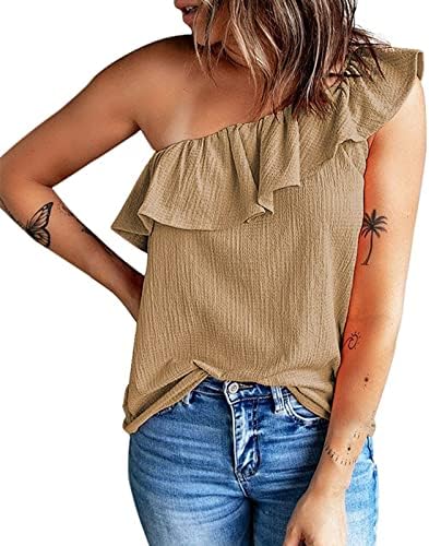 Tops for Women Sexy One ombro sem mangas de babados de verão camisetas de verão tamis de blusa de cor sólida solida solta