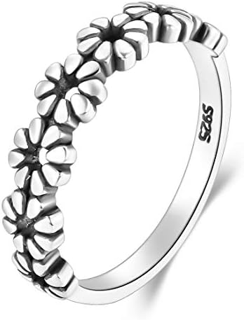 Anel de prata esterlina de Boruo 925, Daisy Flower Hawaiian Alto Alto Polish Resistente ao conforto Fit Band Anel