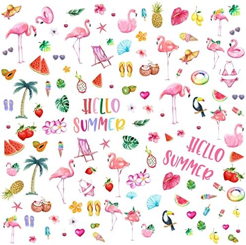 Pligreat 124 PCs Summer Summer Flamingo Wall Stickers Hello Summer Window Decals, Aquarela Frutas de Frutas de Parede Adesivo