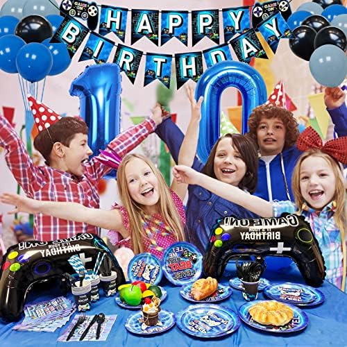 Vlipoeasn 10º aniversário de videogame suprimentos decorações azuis de 10º aniversário para meninos, pratos descartáveis