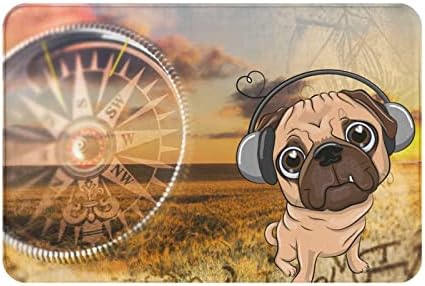 Tapetes de banho cachorro pug usando fones de ouvido tapete de porta de campo ao ar livre backmand background animal design engraçado