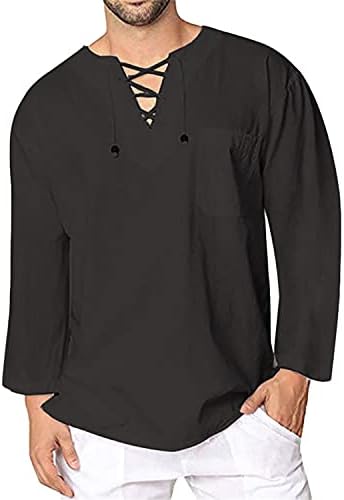 Camisa de popover de linho sólida masculina V Casual Casual Lace-up Mangas compridas Moda Hippie Beach Top