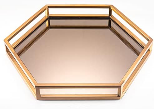 Bandejas decorativas de metal hexagonal com tendência, moldura de aço inoxidável SUS 304 e fundo de vidro espelhado, s 14,6 x 12,8