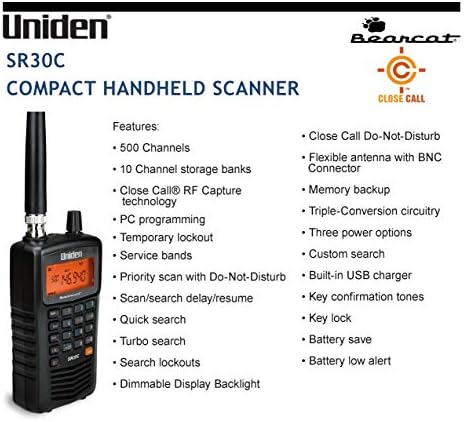 UNIDEN BARCAT SR30C, scanner de mão compacto de 500 canais e estereofônio de redução de ruído Koss QZ-99, embalagem padrão