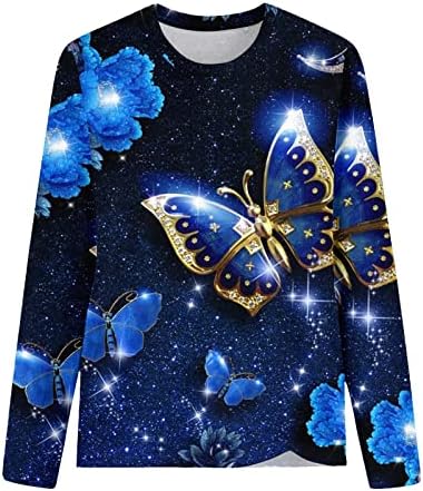 Mulheres redondo pescoço 3D Digital Butterfly Imprimir a camiseta de manga comprida Túnica Lady Tunic