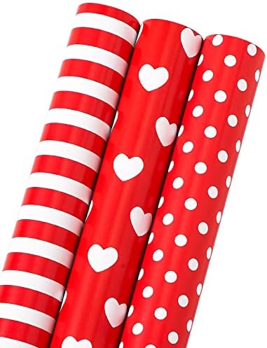 Rolo de papel de embrulho Packanewly - 17 polegadas x 120 polegadas Mini Roll - Design de cor vermelha com coração, ponto,