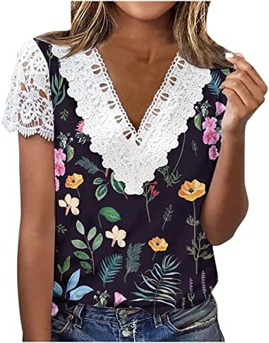 Tampas elegantes de verão para feminino de renda vin -pescoço blusa floral estampado de manga curta camiseta casual