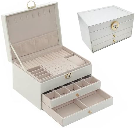 Pakenyesha Jewelry Box Organizador - 3 camadas de caixa de jóias de grande capacidade, caixa de armazenamento de jóias de couro PU trancável, espaço de mudança livremente, mantenha jóias em ordem - presente para mulheres e meninas
