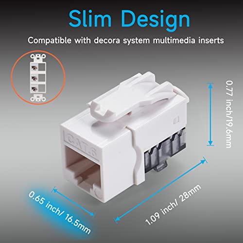 Lysymixs Keystone Jack Cat6 Slim 25 pacote, Cat6 Keystone Jacks 90 graus, RJ45 Keystone Jack Punch Down White, compatível com painéis de parede de rede de alta densidade ou painéis de patch