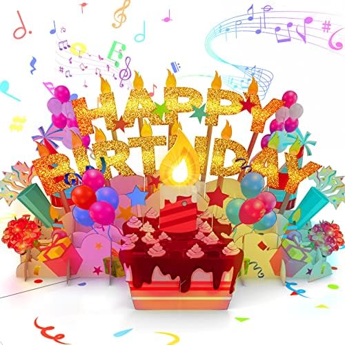 Cartão de aniversário musical com vela leve e soprável, cartões pop -up de luz colorida em 3D com música de feliz aniversário,