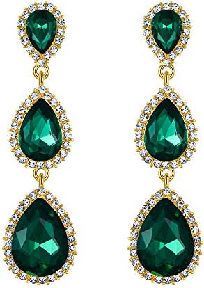 Elequeen feminino tone de ouro feminino austríaco lágrima de pêra de 2,5 polegadas Brincos de comprimento Emerald Color