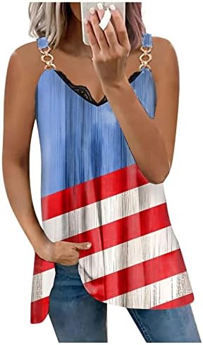 4 de julho Tampas sem mangas para mulheres Independence Day Tunic Lace V Camisetas de pescoço dos EUA T-shirt Cami Vest Cami