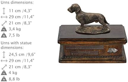 Dachshund WireHaired, urna para cães Ashes Memorial com estátua, nome do animal de estimação e citação - ARTDOG Personalizado