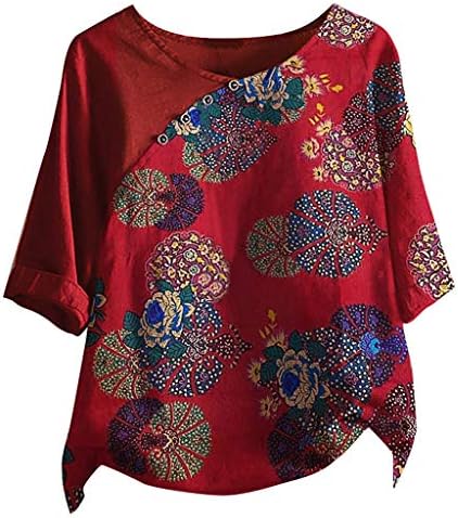 Mimacoo Retro Floral Print Shirt for Womens Short Sleeve Tops Botões do pescoço da tripulação Tee Blusa irregular