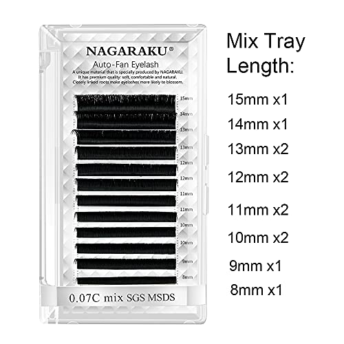 Nagaraku Easy Fan Eyelash Extensions Lashes de volume 5 bandejas em 1 pacote 0,07 D Curl 11/12/13/14/15 mm Blooming Rushing Mega volume