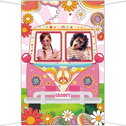 Adeços de cabine fotográfica hippie, decorações de aniversário groovy, pano de fundo de barro de ônibus hippie de tecido