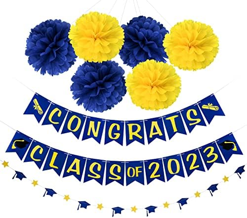 Decorações de festa de graduação azul e amarelo 2023, parabéns aula de 2023 Banner Blue and Yellow Graduation Banner Class