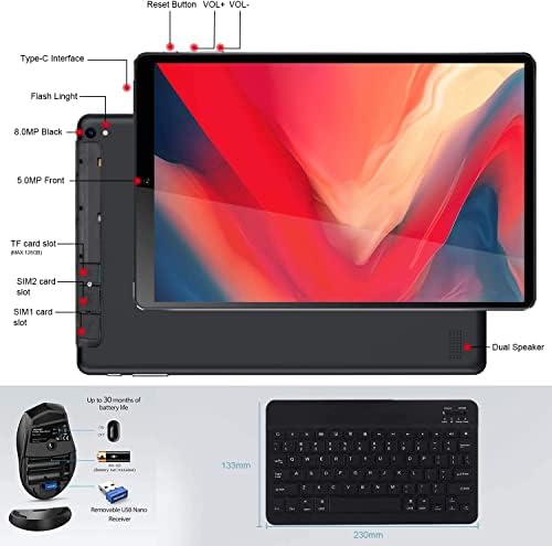 Tablet duoduogo com teclado, 2 polegadas de 2 polegadas de 10 polegadas mais recente processador quad-core, 64 GB de armazenamento