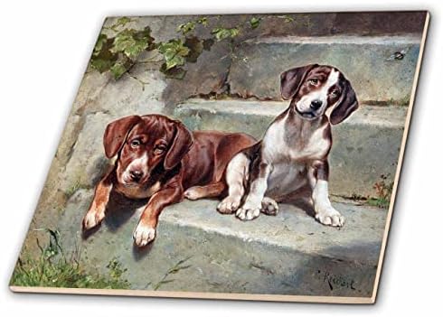Imagem 3drose de pintura vintage colorida de dois beagles em etapas - azulejos