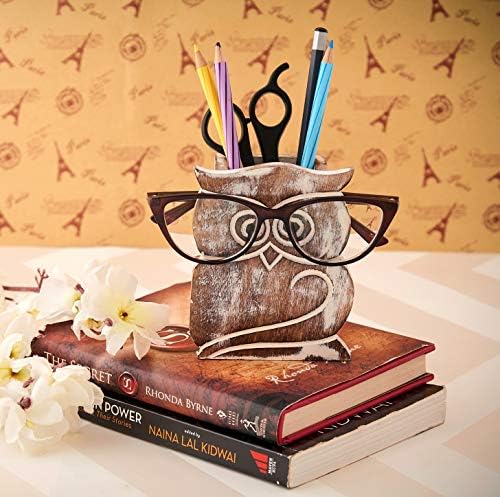 EXIMIAL India Owl Design Design Rússico Lápis de Lápis Pen Copo Espectacto Ópulos Eyeglasses Portador Caddy Organizador de