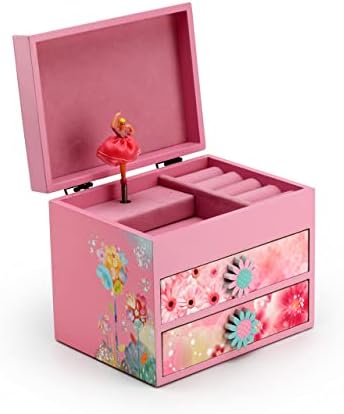 Tema floral de madeira rosa 18 Nota Spinning Ballerina Music Box - Muitas músicas para escolher - Sonata de piano em um major