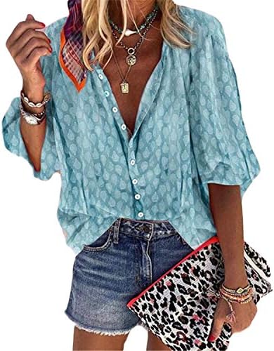 Andongnywell Women's Button Down Print 3/4 Sleeve Tunic Blouse Tops Blouse multicolor