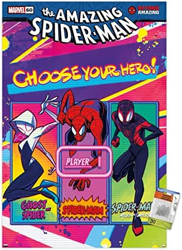 Trends International Marvel Comics - Homem -Aranha: Beyond Amazing - Escolha o seu pôster de parede de herói, 22.375 x 34, Poster Premium e Push Pin Bundle