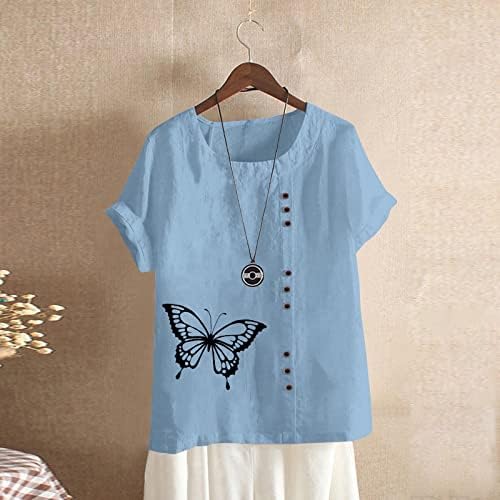 Túnica de linho de verão feminina tops casuais camisas de manga curta Blusa Butterfly Cotton Linen Tshirts Tops de