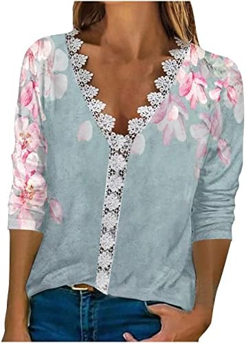 Túnica tops para feminino 3/4 mangas de renda de renda em v-shirt verão moda boho camisas florais