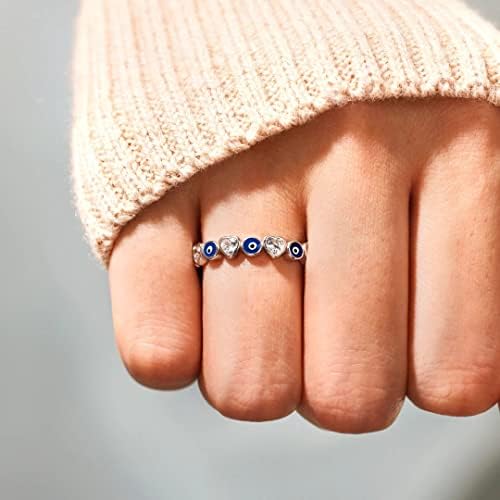 Kifuteng Evil Eye Ring, 925 Sterling Silver Zirconia Heart Blue Mal Ey Eye Ring Band For Women Girls Lucky Declaração Presentes