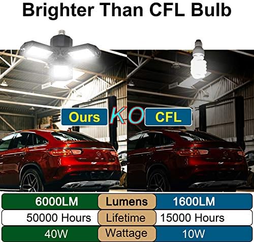 Luzes de garagem teto, deformável Luz de lâmpada LED de garagem 40W 6000 lúmen e26 com 3 painéis de LED ajustáveis ​​270 ° para garagem, armazém, celeiro, oficina e quintal)
