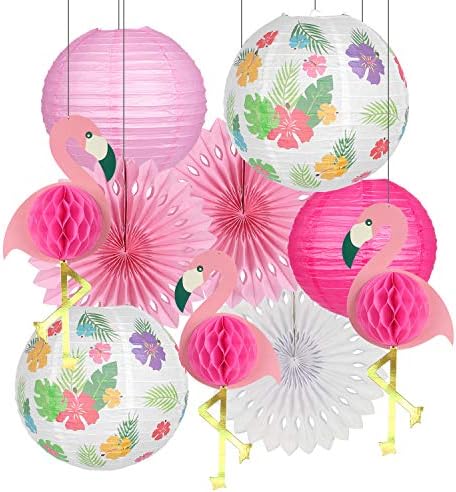 Decorações de festas flamingo, abastecimento de festas havaianas folhas tropicais lanternas de papel penduradas fãs de papel