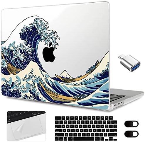 Meegoodo para MacBook Pro Caso 2023 2022 2021 Novo A2779 A2442 M2 M1 PRO/MAX com ID de toque, casos de concha dura de laptop transparentes com capa de webcam de teclado e filme de trackpad e adaptador tipo C, Great Wave