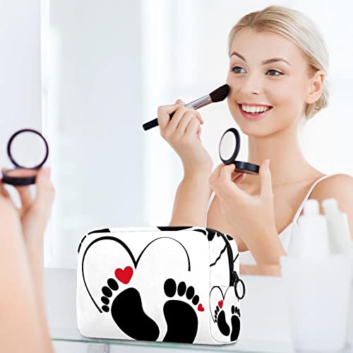 Bolsa de maquiagem Bolsa de cosméticos Pegada preta Bolsa organizadora de bolsa de higiene pessoal em silhueta Red Heart com zíper