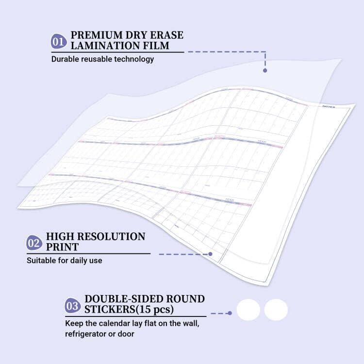 Grande calendário de apagamento seco para parede-Apagação seca anual do calendário de parede sem data, 37 x 58, 12 meses apagável e reutilizável Poster de placa branca laminada, calendário de parede a seco para casa, escritório e escola