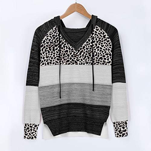 Cluão de malha feminina Sweater Leopard Patchworks de decote em V Leas de suéter de suéter com capuz Tops suéter de creme de suéter