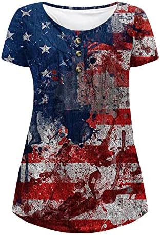 Camiseta la Bandera americana Mujeres Estrellas y Rayas Cuello En V Tops Día La Independencia Camiseta Botones Camiseta