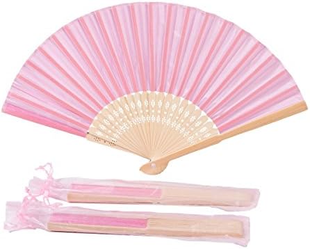 Sepwedd 50pcs rosa imitado tecido de seda de bambu dobrado ventilador de noiva Adeços de casamento da igreja Festas de presente