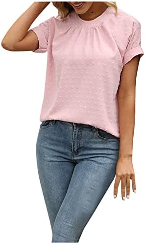 Camisas de ponto suíço femininas Casual Crewneck Roll Up Sleeve Pom Pom Pom blusa de cor sólida Tops