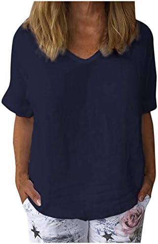 Camisas de linho de algodão Zdfer para mulheres o pescoço blusa sólida tampas de verão feminino Camiseta casual de manga curta